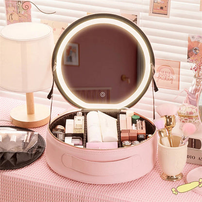 Round Smart LED Makeup Bag with Mirror and Lights